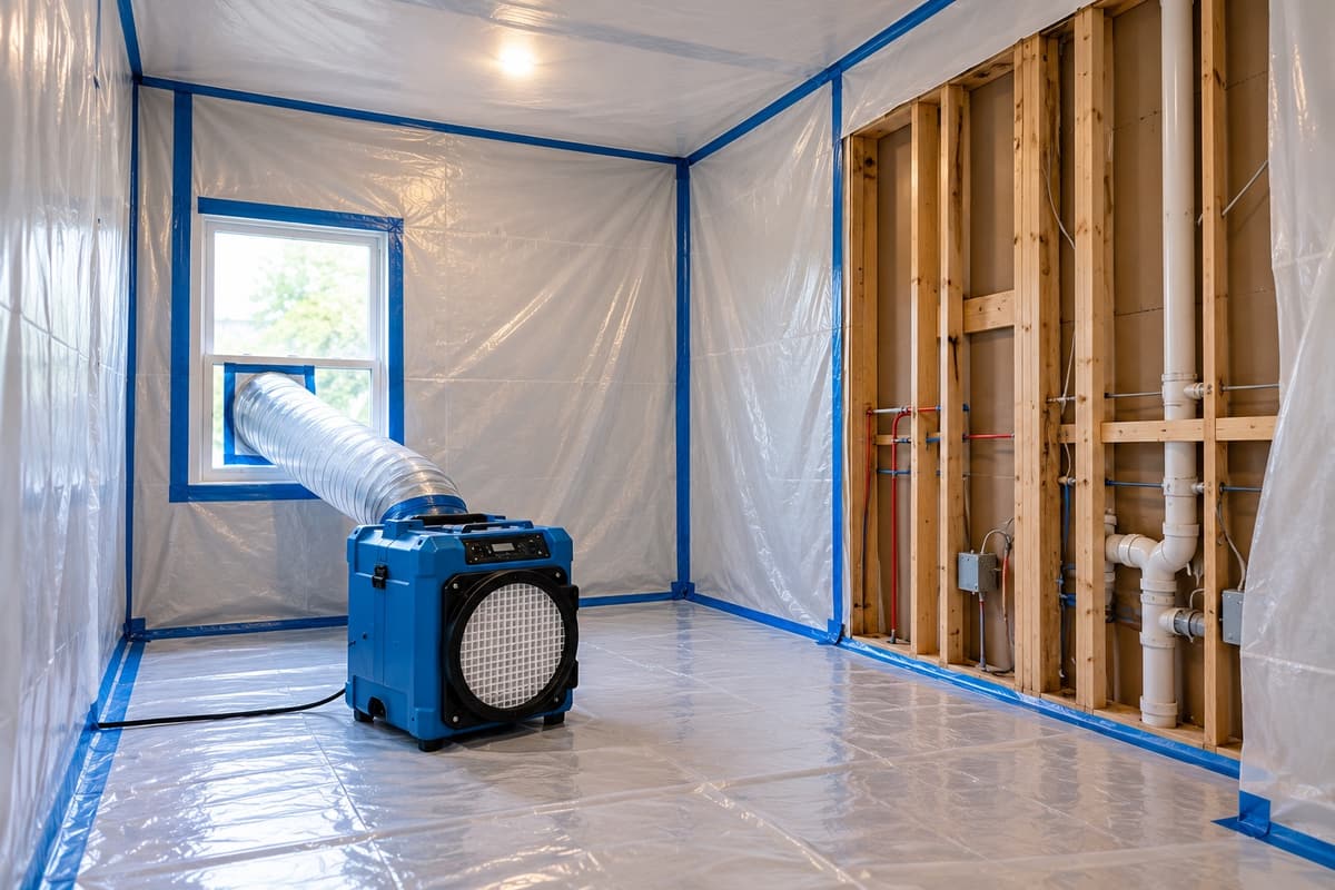 A room under mold remediation: plastic sheeting taped over the walls and floor, opened wall framing and an air scrubber