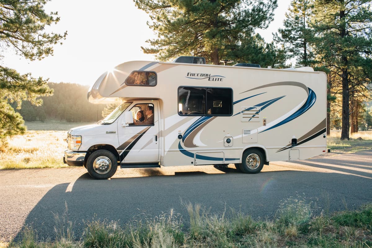 A Class C motorhome parked on a road through the pines in low evening sun
