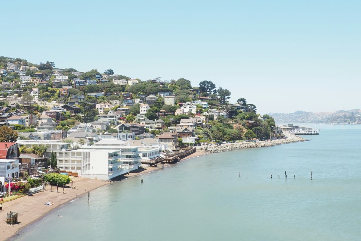 Hillside homes along the bay shoreline in Marin County