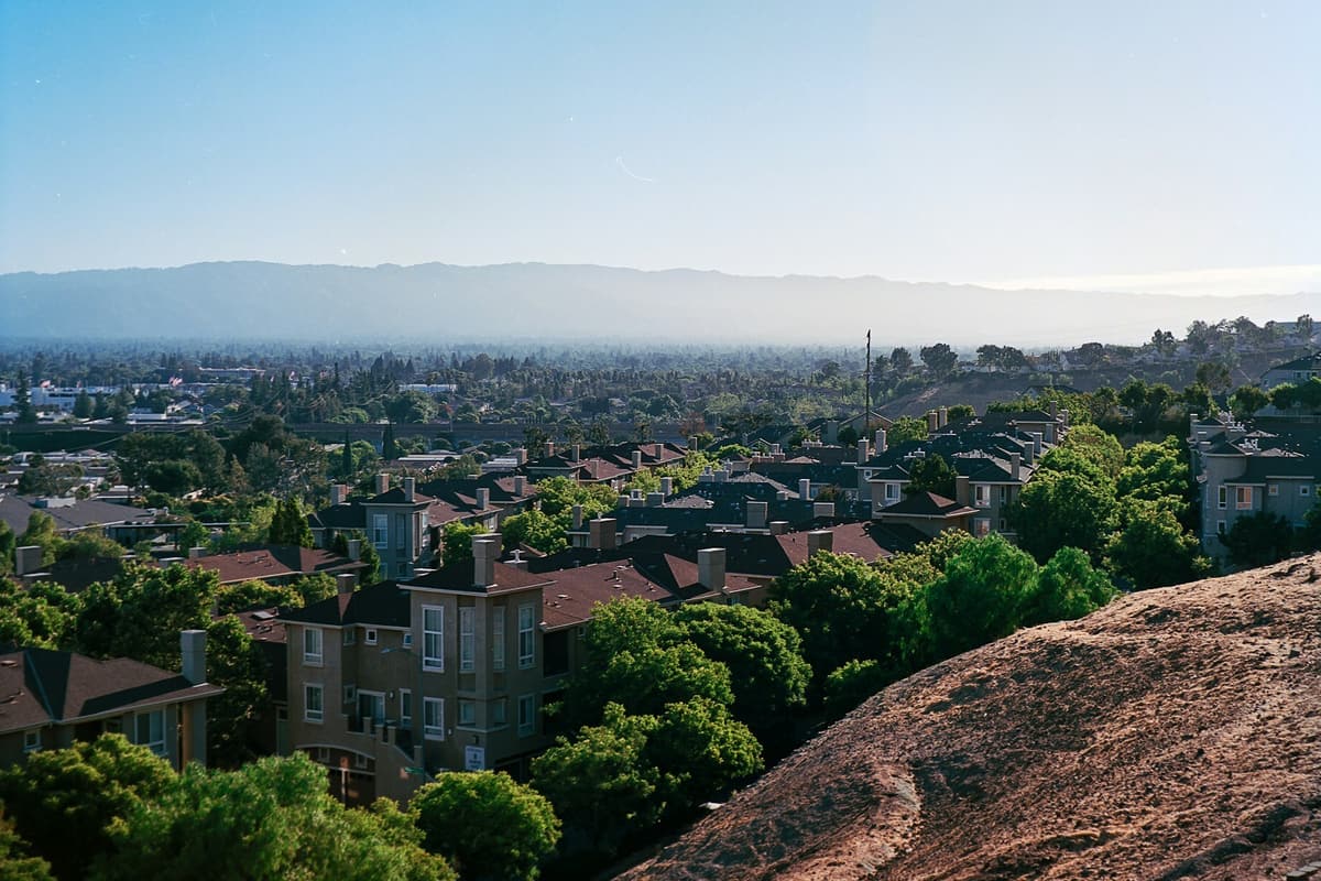 Rooftops and trees across a South Bay neighborhood with the hills beyond