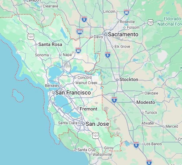 Map of The Nose Patrol's service area across the San Francisco Bay Area and Greater Sacramento, including San Francisco, San Jose, and Sacramento